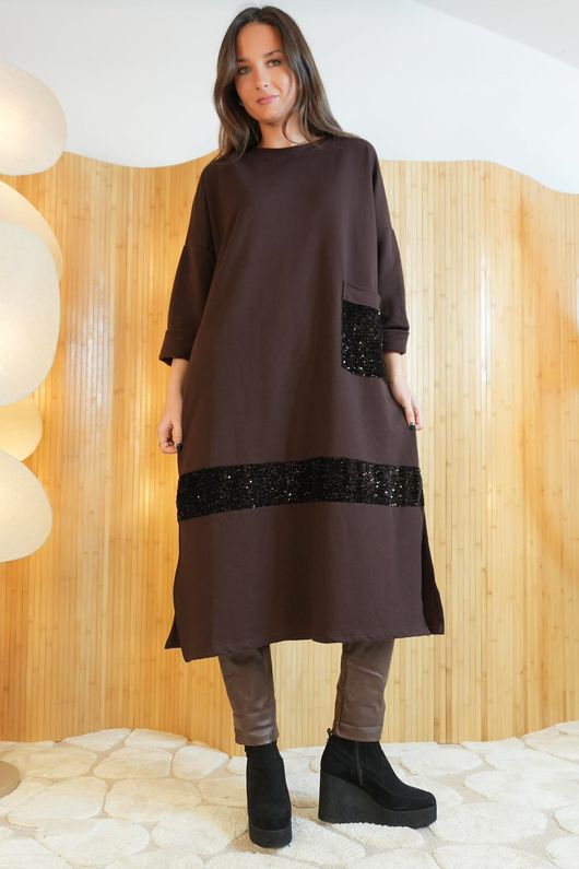 Oscar Immy Sequin Pocket Sweatshirt Dress Chocolate /5=